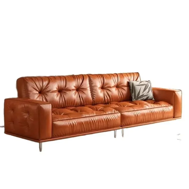 Medieval retro oil wax leather sofa, caramel-colored small apartment straight-row sofa