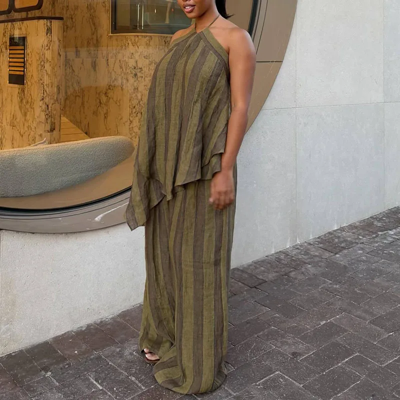 

Casual Striped Printed Sleeveless Suspender Suit Fashion High Waisted Wide Leg Pants Outfits Irregular Loose Summer Women's Set