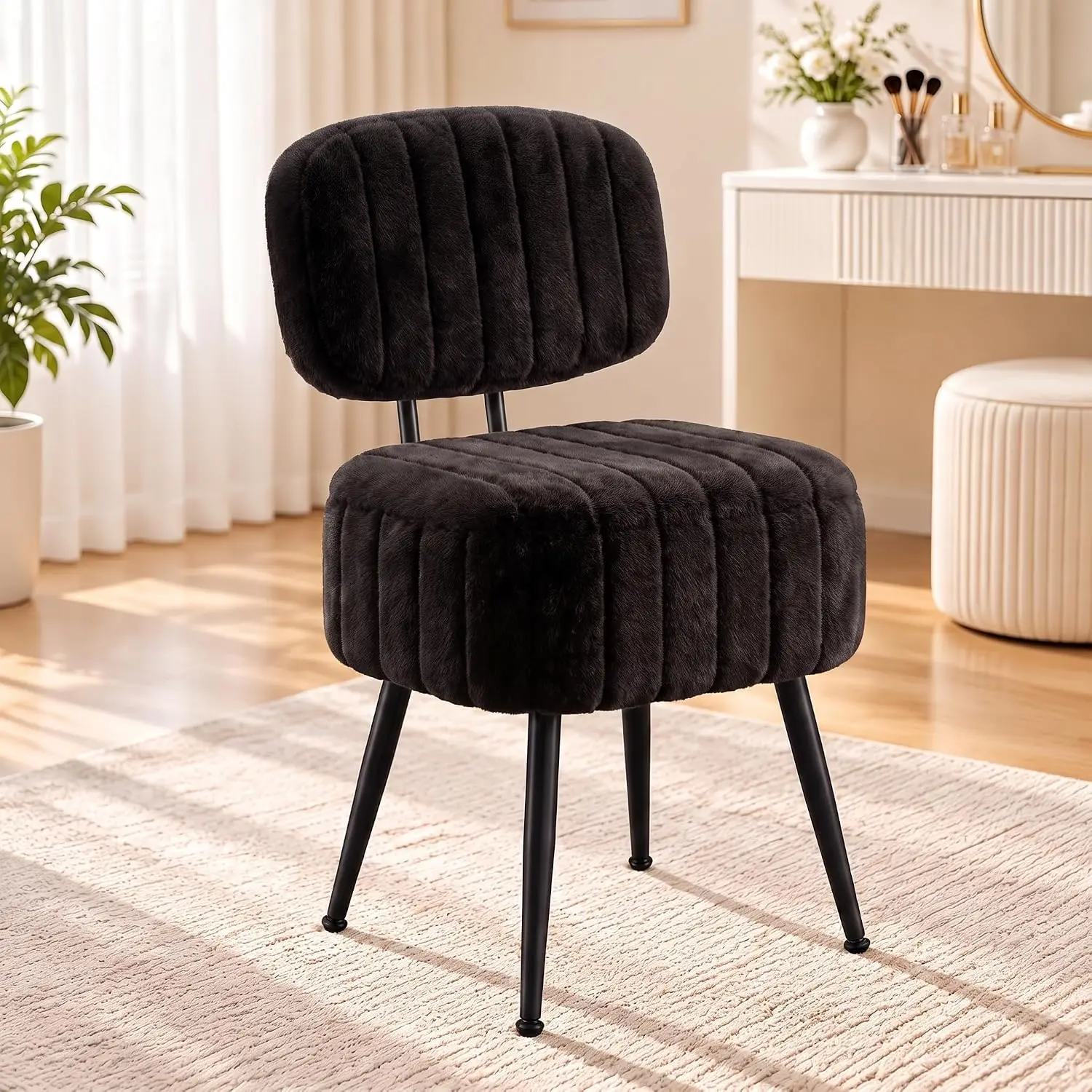 Vanity Chair with Backrest & Storage, Upholstered Tufted Makeup Stool, Soft Fluffy Accent Chair with Black Metal Legs for Bedroom Dressing Room