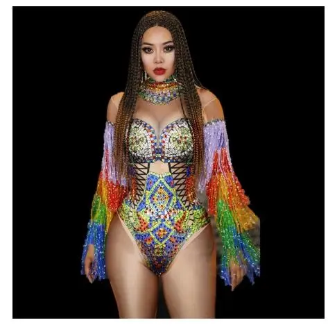 

Sexy Nightclub Party Celebration Singer Stage Costume Fashion Women Multicolor Tassel Rhinestone Bodysuit Stretch Dancer Leotard