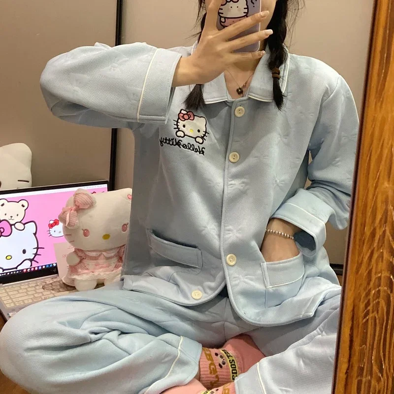 Cute Hello Kitty Loopy Pajama Girl Autumn Winter Loungewear Cartoon Sweet Cotton Laminated Warm Home Wear Long-sleeved Trousers