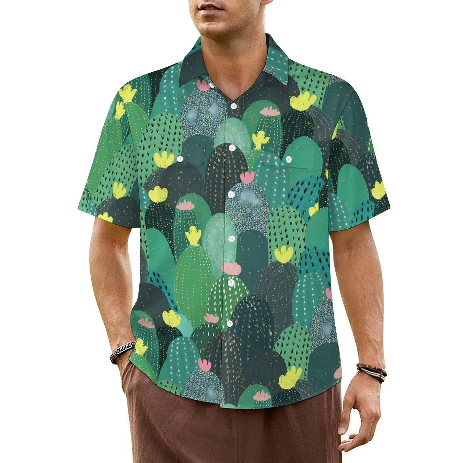 

Cute Plant Casual Shirt Green Cactus Elegant Hawaii Shirts Man Short Sleeve Beach Y2K Funny Custom Oversized Blouses