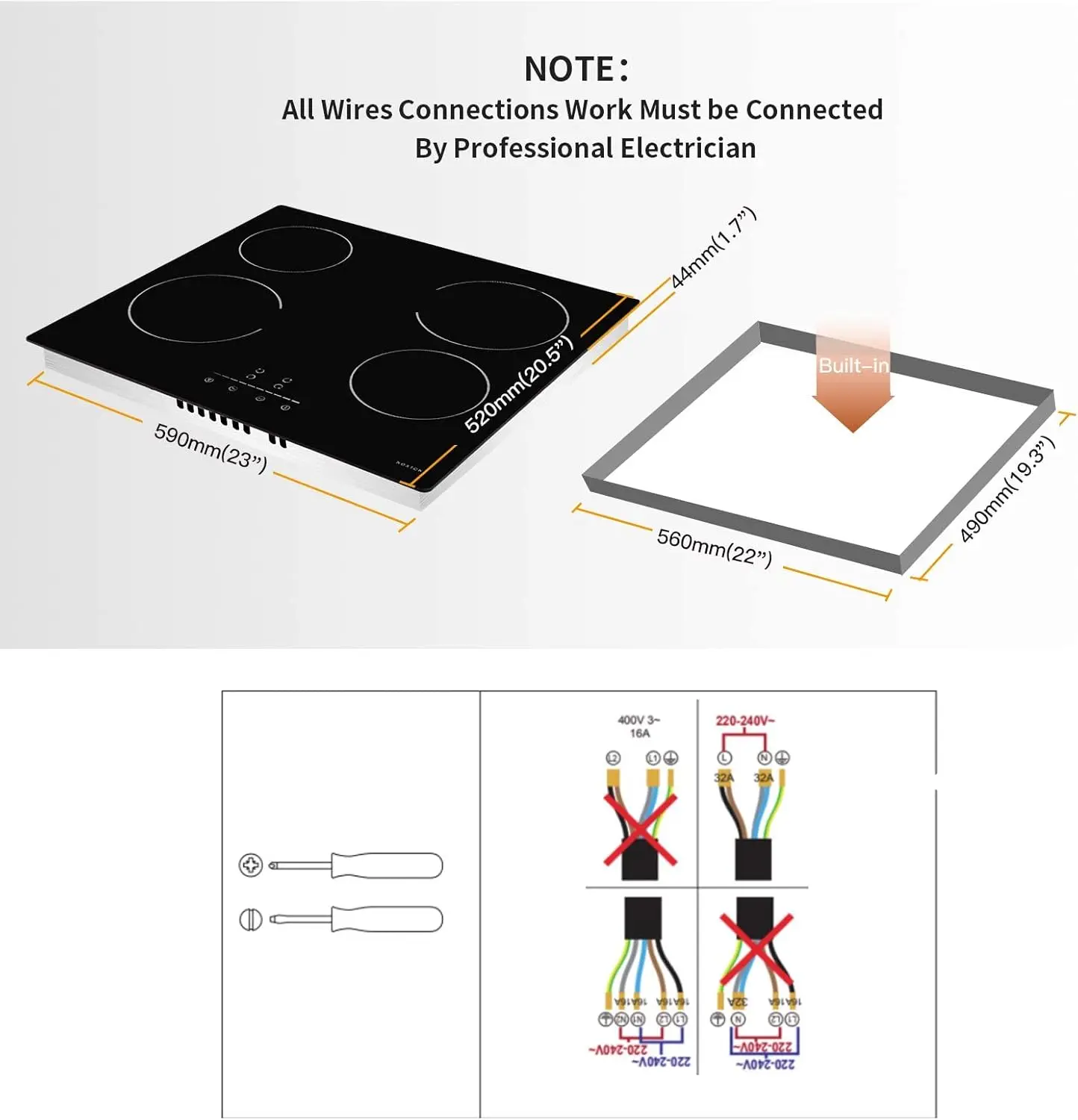 NOXTON Ceramic Hob 60CM Built-in, Black, Slider Touch, Electric 6000W, Safety Lock, Pause, Timer, No Plug, Hard Wired, 220-240V