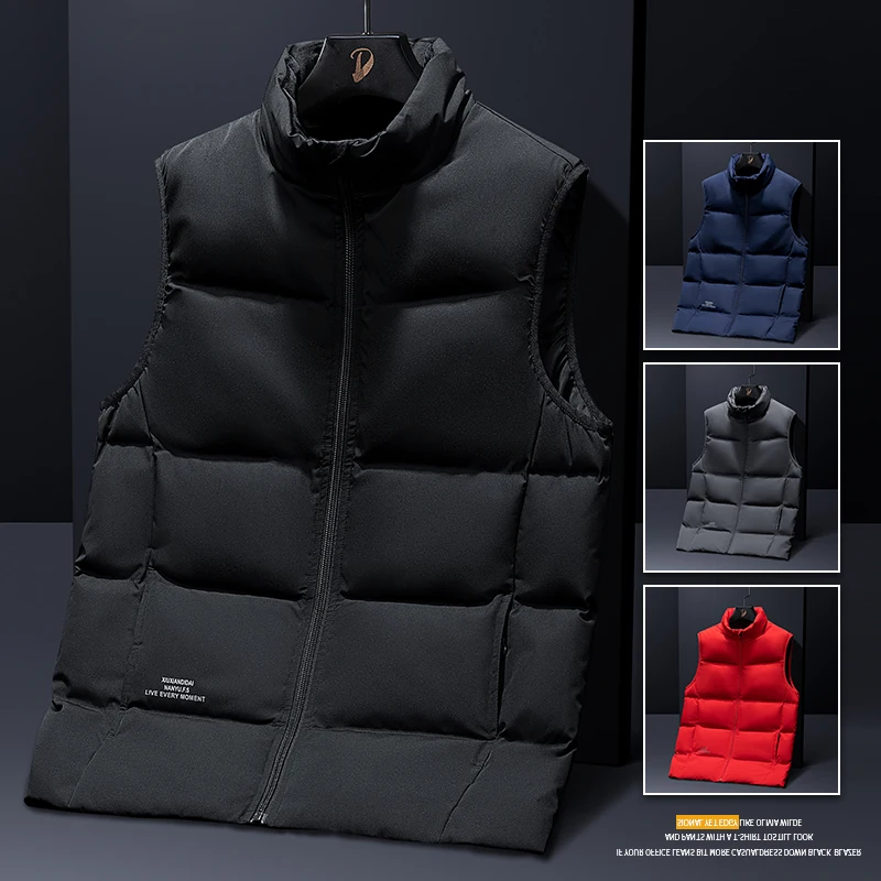 

Мужская куртка на утином пуху большого размера, зимние стеганые жилеты большого размера с воротником-стойкой, модный жилет без рукавов, утепленное уличное повседневное пальто