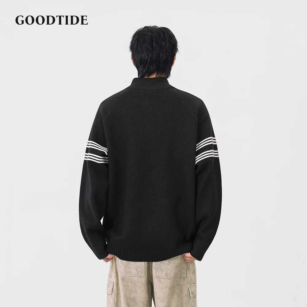 Fashion Men's Casual Half Zip Mock Neck Sweater 2025 Winter New Stripe on Sleeve Raglan Sleeve Knitted Pullover Soft Jumper Top