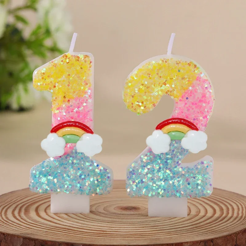 Rainbow Cloud Birthday Candles, Multi Color Gradient Numbers, Children's 12th Birthday Party Cake Decoration Rainbow Theme
