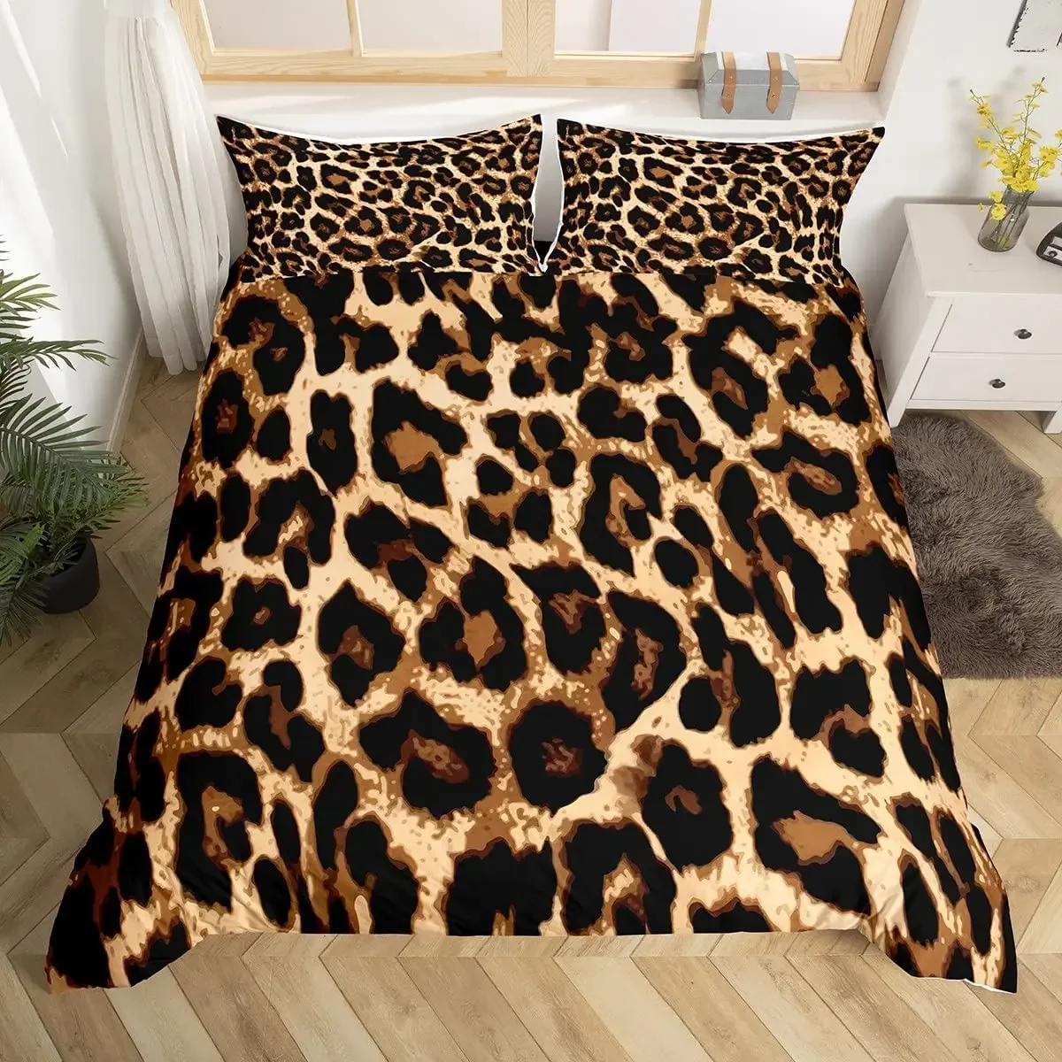 Black Brown Leopard Print Comforter Cover Set Man Cheetah Leopard Animal Printed Quilt Cover Duvet Cover for Home Hotel Room