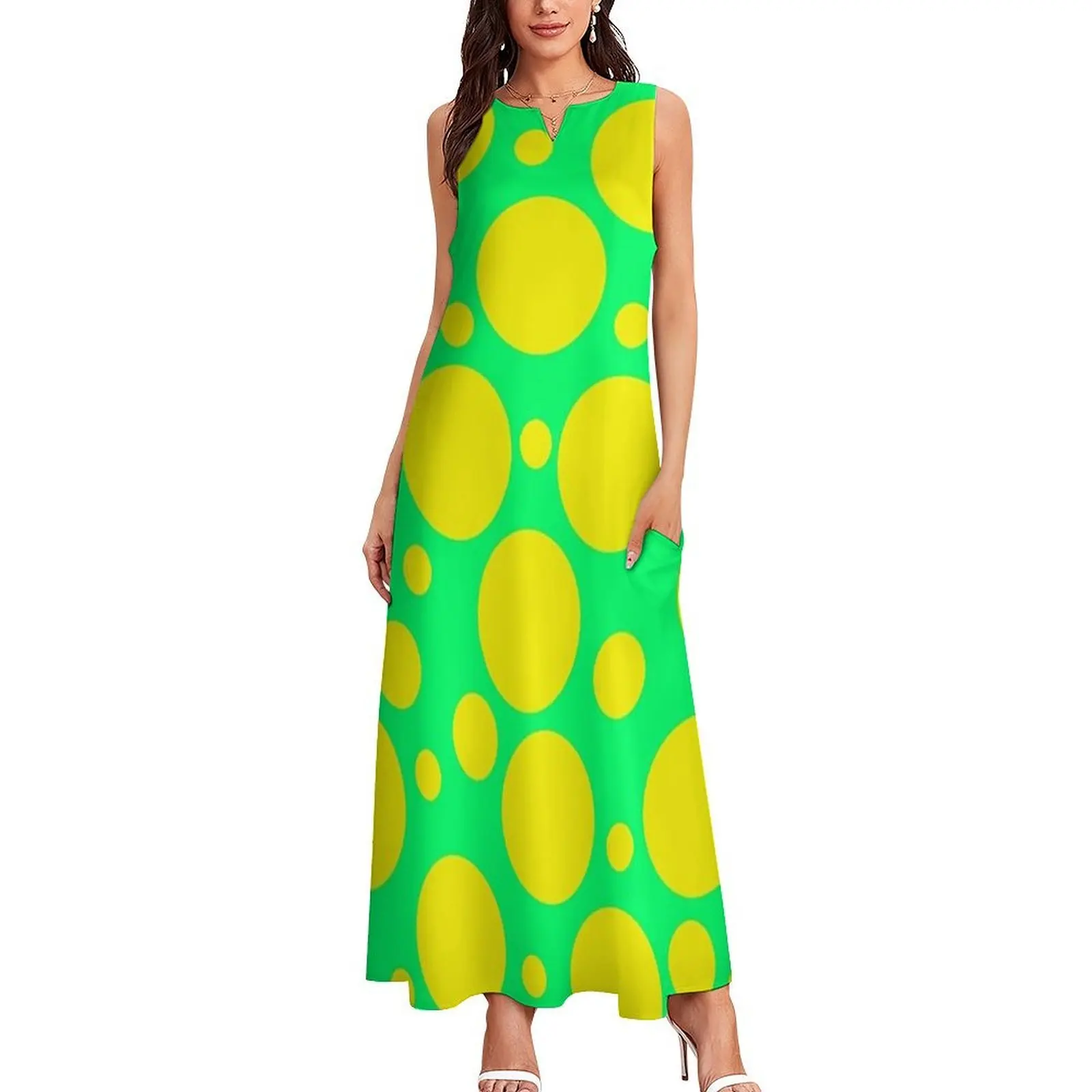 Polka Dots in Lime Green and Yellow Long Dress dress for women chic and elegant woman dress