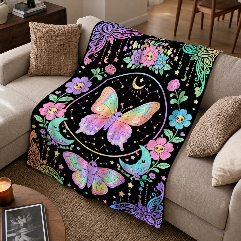 Bohemian Butterfly Floral Print Throw Blanket Cosmic Boho Witchy Celestial Sofa Sofa Cover Living Room Decor Cozy Gift Idea