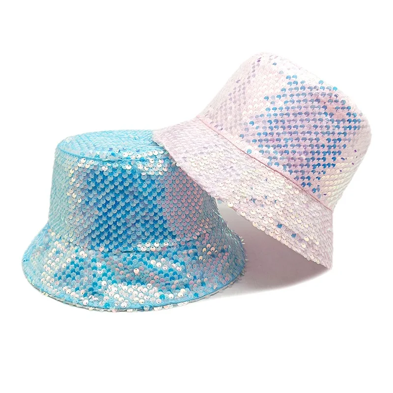 Shiny Sequins Bucket Hats Women Girls Fashion Reversible Holographic Fishermen Hats Outdoor Street Wide Brim Sun Caps