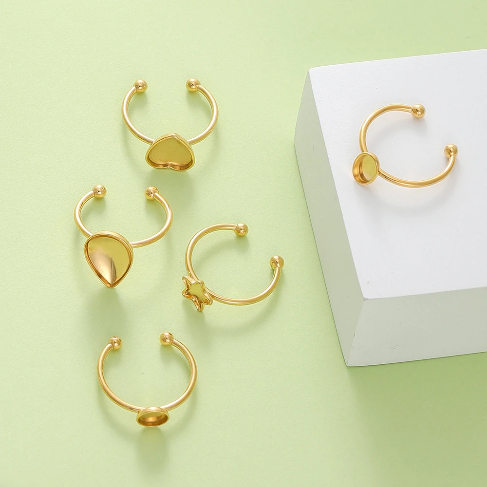 5pcs Gold Color Stainless Steel Open Ring Cabochon Cameo Blank Tray Base Settings for DIY Rings Jewelry Making Findings Supplies