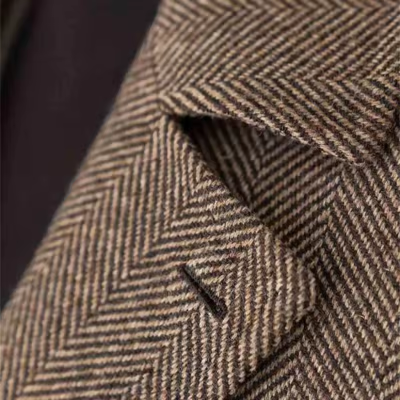 British Men's Blazers Vintage Herringbone Tweed Formal Jacket Wool Blend Double Breasted Casual Autumn Winter Suit Coat - Image 5