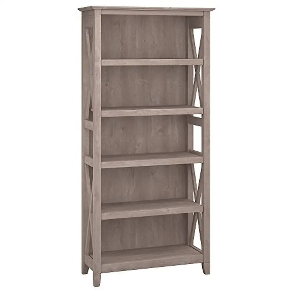 Adjustable 5 Shelf Bookcase with X Pattern Accent & Tall TV Stand with Concealed Storage in Washed Gray