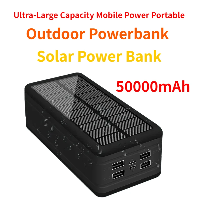 Ultra-Large Capacity Mobile Power Portable with Lanyard Compass External Battery Outdoor Powerbank 50000mAh Solar Power Bank