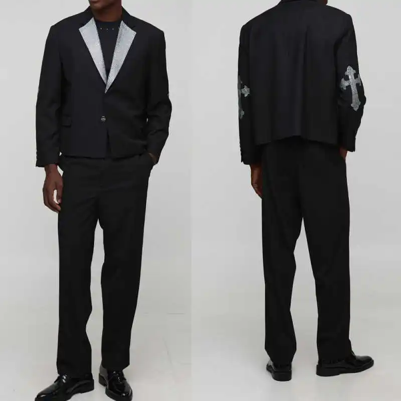 ชุดสูทผู้ชายสมัยใหม่ 2 ชิ้น เสื้อแจ็คเก็ต กางเกง ประดับคริสตัล สำหรับงานแต่งงาน เจ้าบ่าว งานพรอม งานเลี้ยงอาหารค่ำ  รับตัดตามสั่ง Ropa Hombre