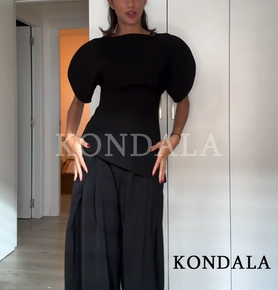 KONDALA Commute Modern Puff Sleeve Top Business Women Asymmetric Hem Short Sleeve Top 2026 Spring Summer Trendy Chic Elegant Top