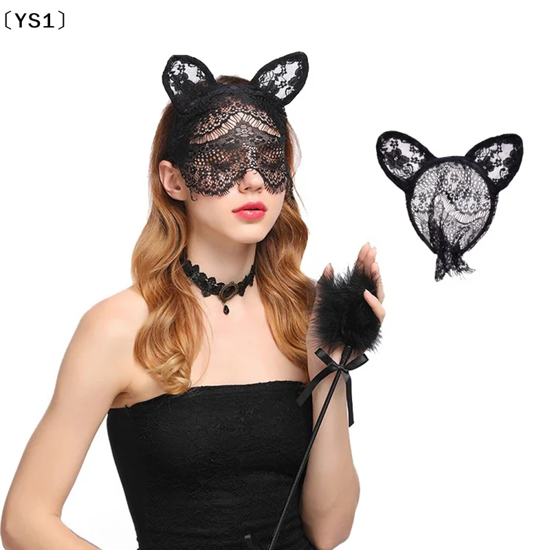 〔YS1〕Sexy Lace Cat Ears Veil Headbands Black Hairbands Eye Mask Anime Cat Girl Cosplay Hair Accessories For Women Girls Christma