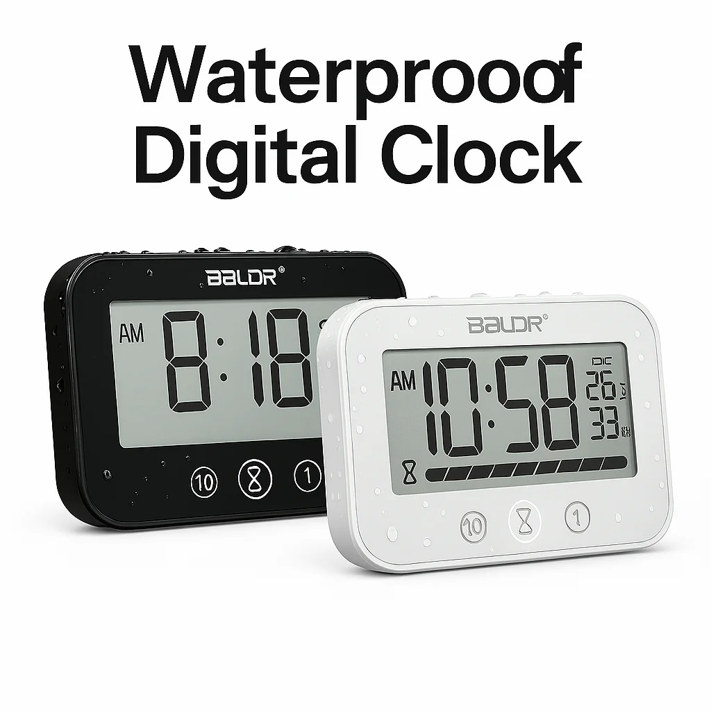 Waterproof Digital Bathroom Clock with Timer, LCD Display for Time, Temp, Humidity, Loud Alarm – Black & White
