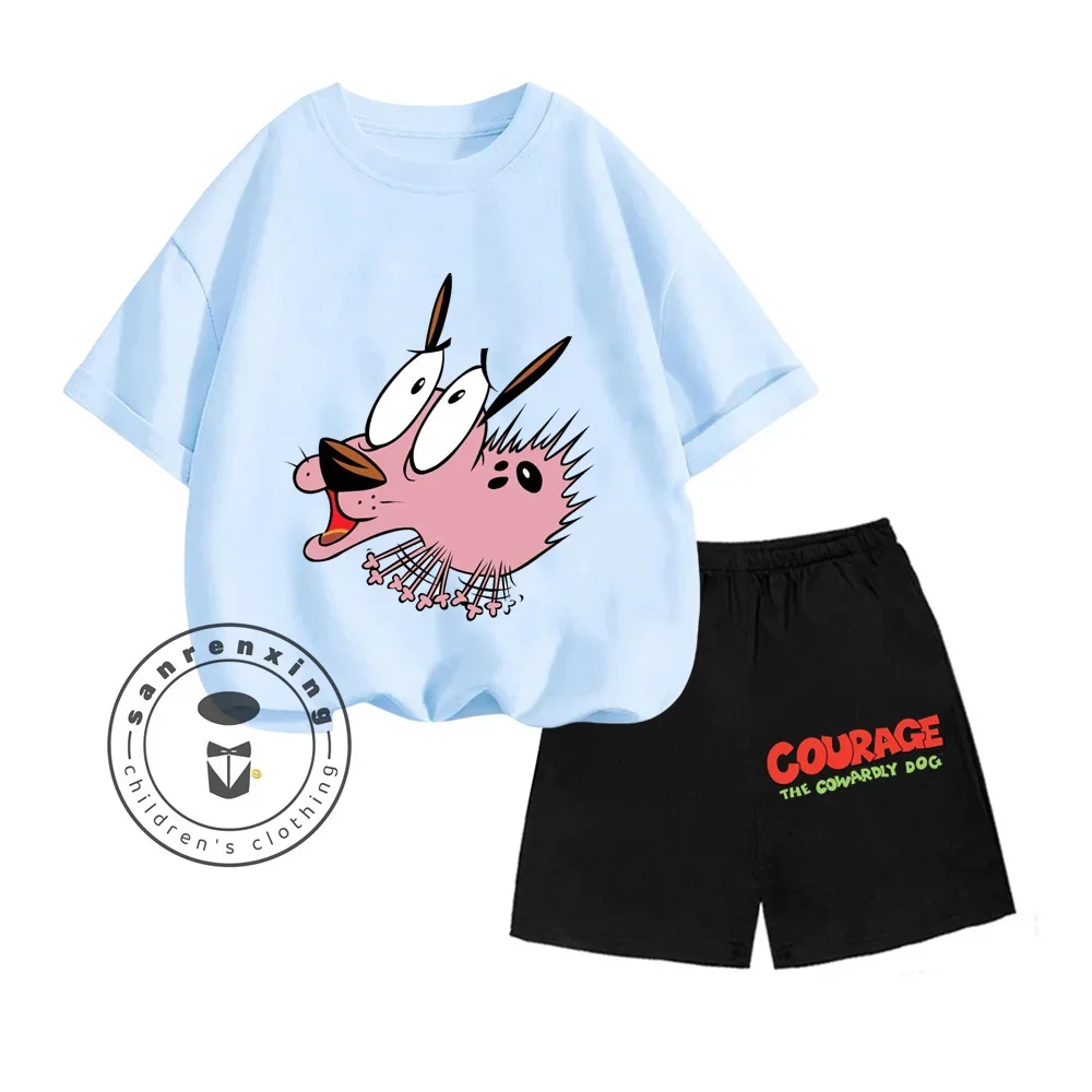 COURAGE The Cowardly Dog Animated Cartoon Print Design Soft Short Sleeve and Solid Color Cartoon Print Shorts Kids Two-piece Set