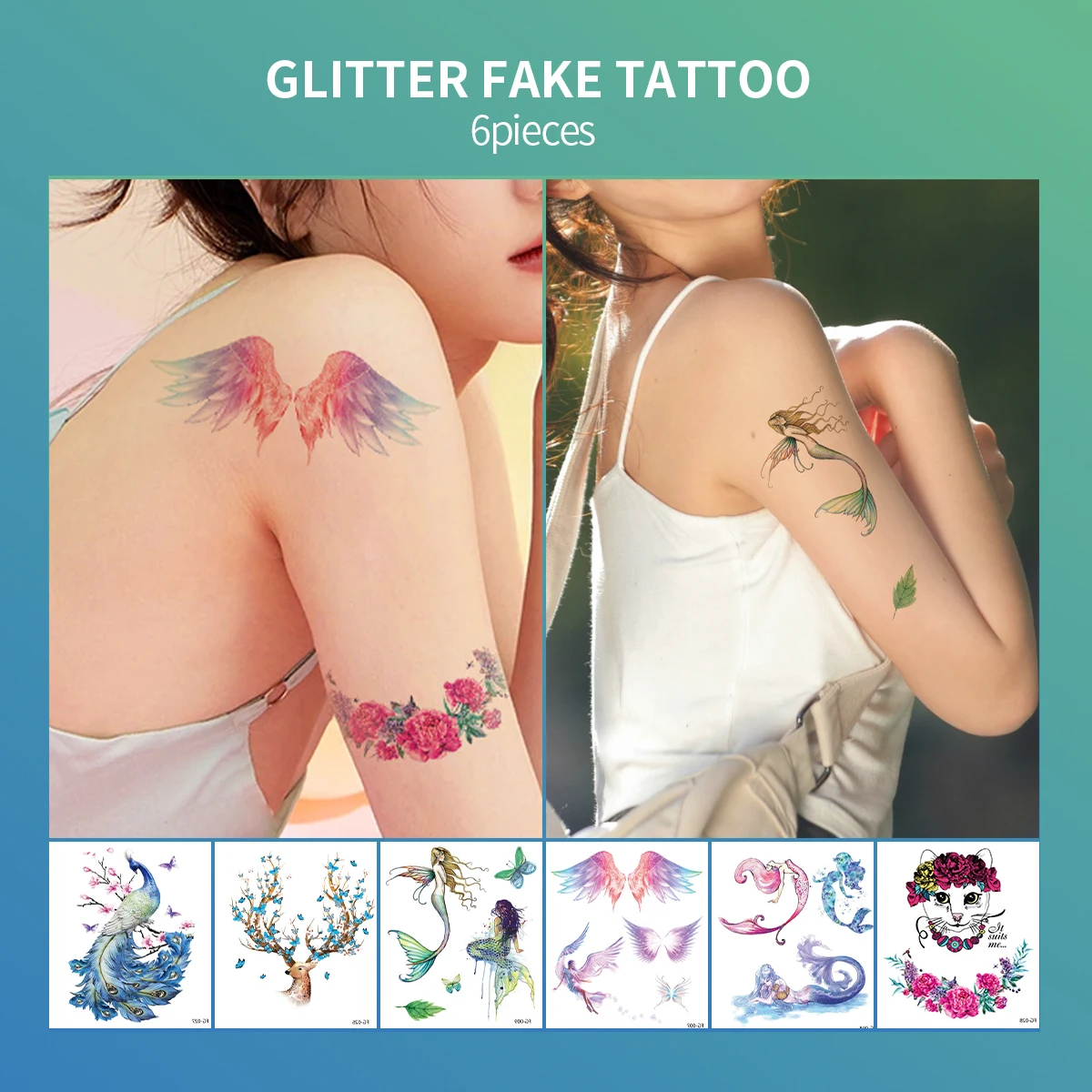 

6pcs Wing Mermaid Pattern Semi Permanent Tattoo Stickers for Women Girls Personalized Waterproof Glitter Tattoo Stickers