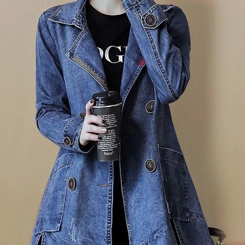 

2024 Spring and Autumn Clothing New Korean Version of Loose Large Size Casual Trench Coat Denim Simple Women's Long Trend