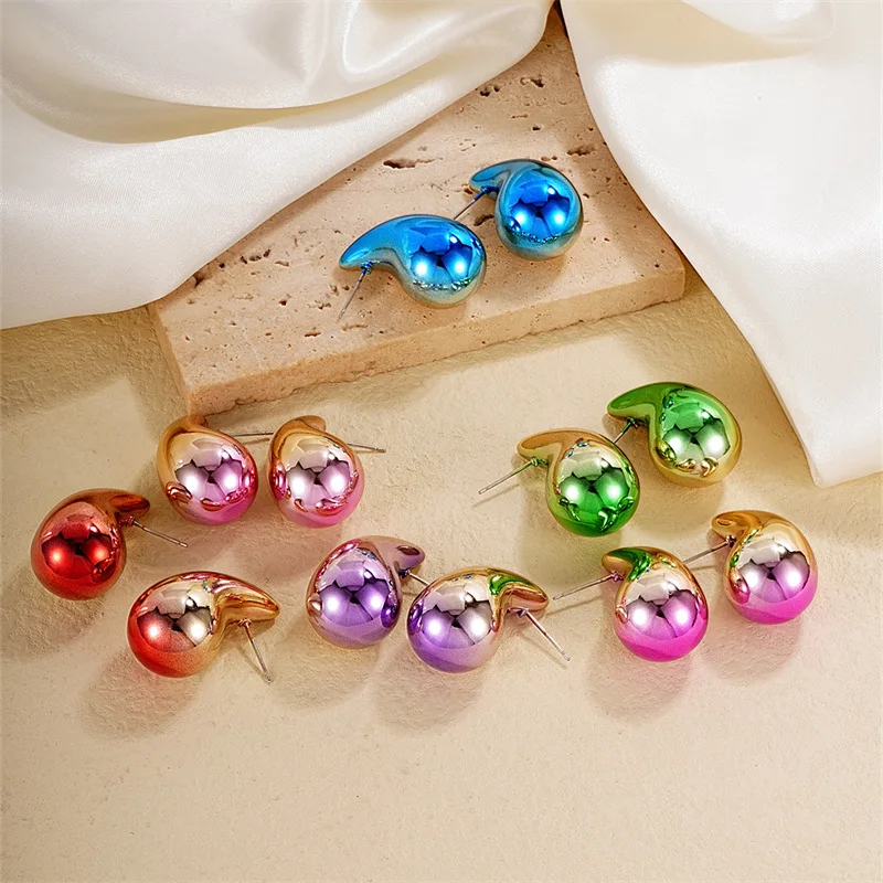 2024 New Gradient Waterdrop Stud Earrings  for Women Thick Metallic Colorful Tear Drop Earring Lightweight Jewelry Gifts