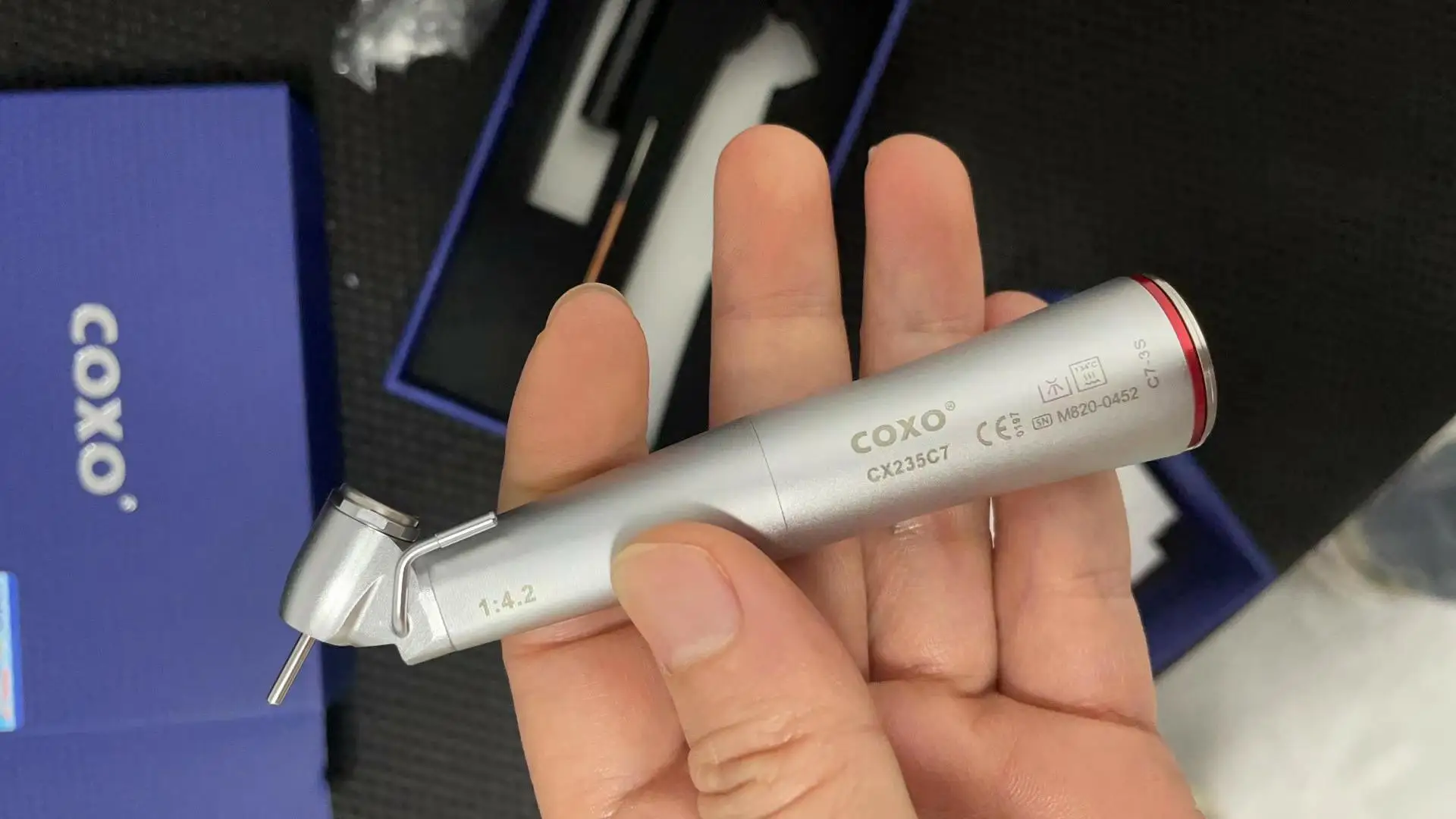 Original COXO C7-3S 1:4.2 increasing speed contra angle handpiece / Dental surgical implant surgery motor handpiece with LED