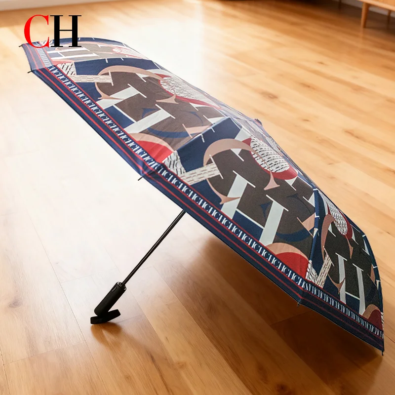 CH Folding Umbrella Manual Open Close Letter Print Windproof Sun Rain Dual Use Portable Travel Fashion Ladies Parasol