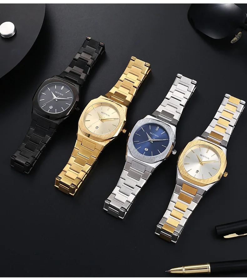 Luxury Men Watch Male Quartz Wristwatch Calendar Sliver Blue Stainless Steel Watches Business Man Black Gold Waterproof Clock