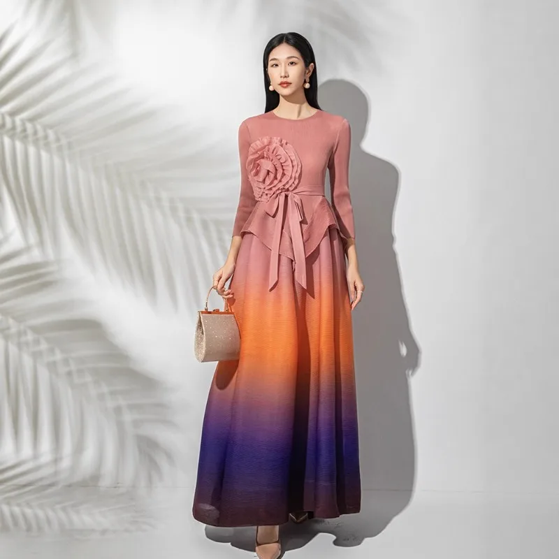 

Miyake плиссированное новое модное платье градиентного цвета с перекрестной талией, тонкая эластичная пластина с цветком, большая распашная эластичная европейская длинная юбка