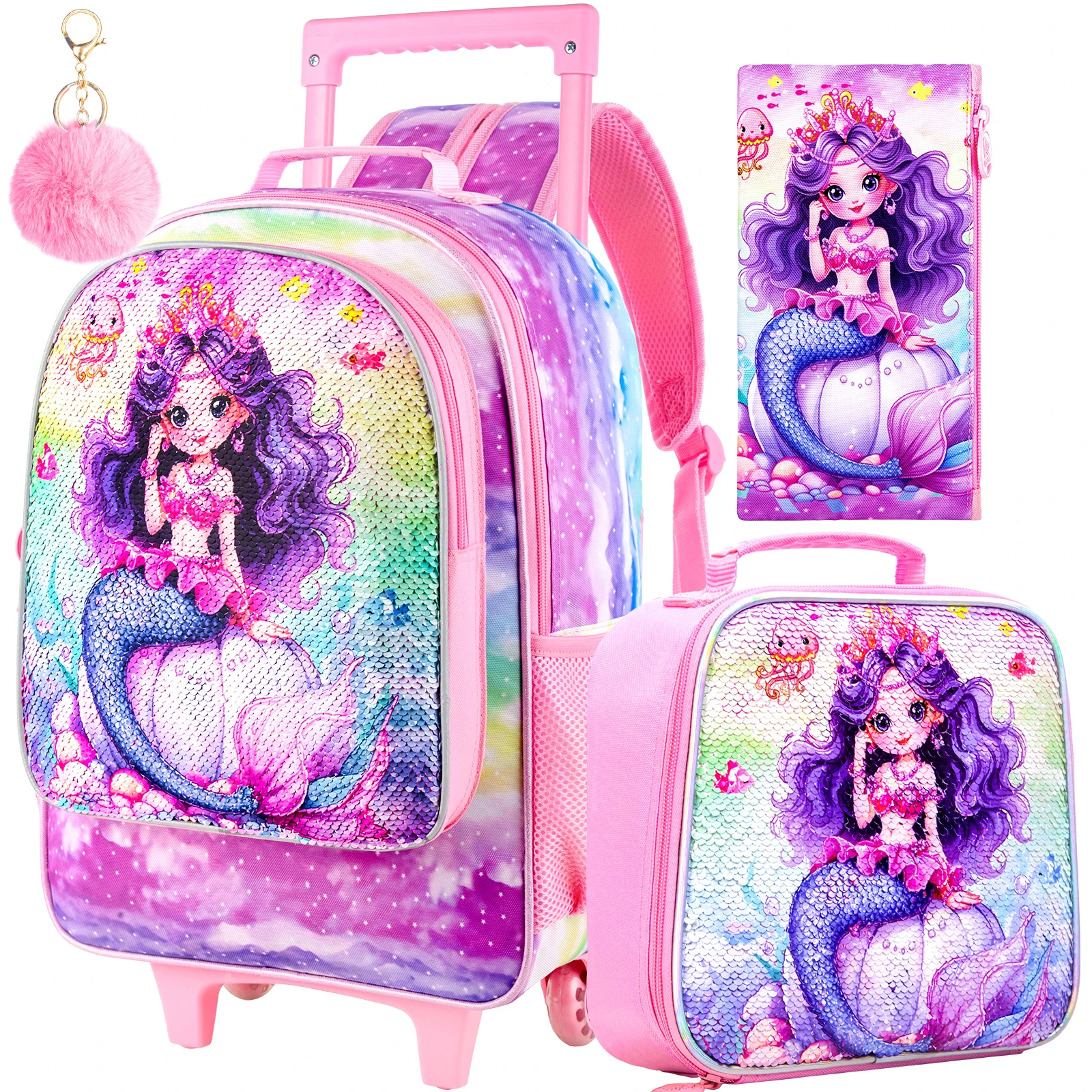 3PCS Rolling Backpack for Girls, Kids Roller Wheeled Bookbag with Lunch Box, Backpacks with Wheels for Elementary