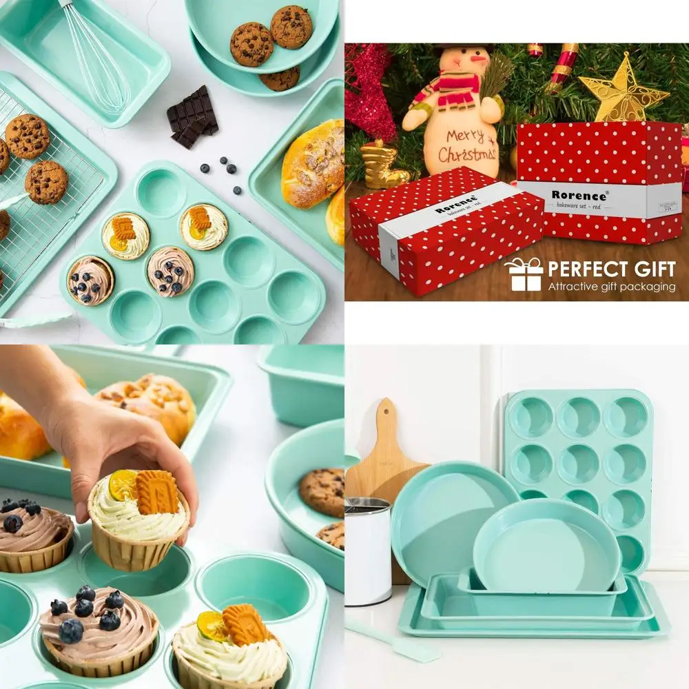 

7-Piece Mint Green Baking Set: Nonstick Cookie Sheets, Rectangular Cake Pan, 2 Round Pans, Muffin Pan, Loaf Pan & Rack