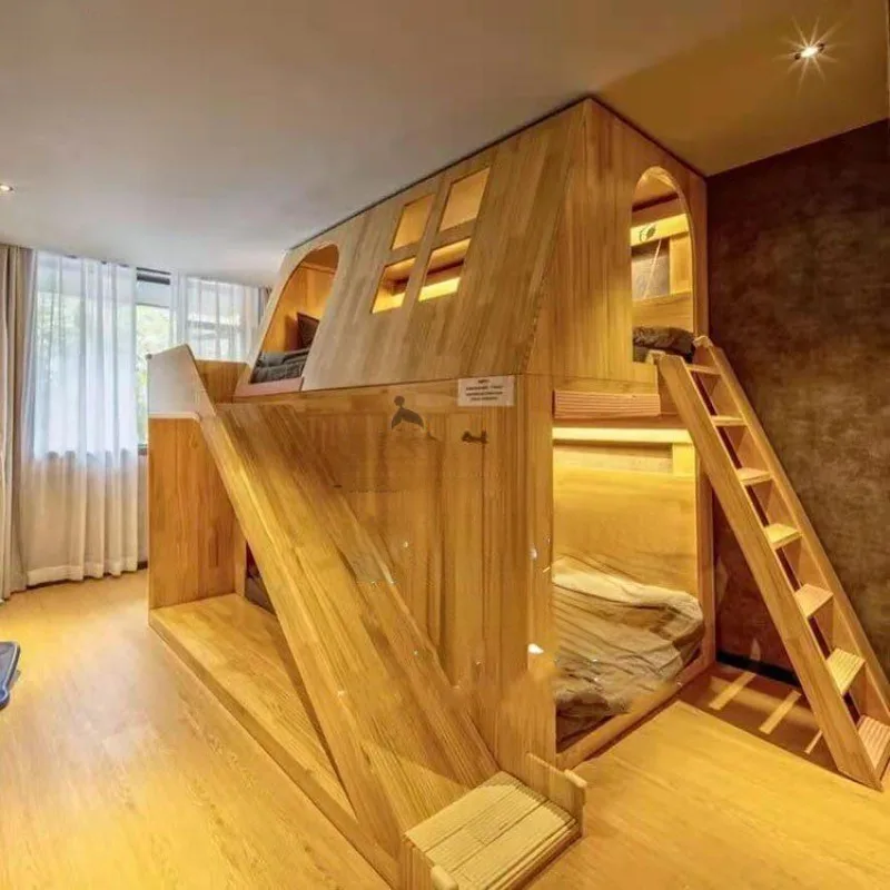 American all solid wood children's room tree house bed double upper and lower high and lower beds