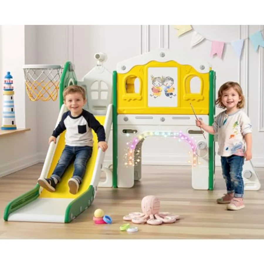 

Набор для малышей 9 в 1: горка для детей 1-3 лет с разноцветными светящимися элементами, доской для рисования и доской для строительных блоков, для использования в помещении и на улице