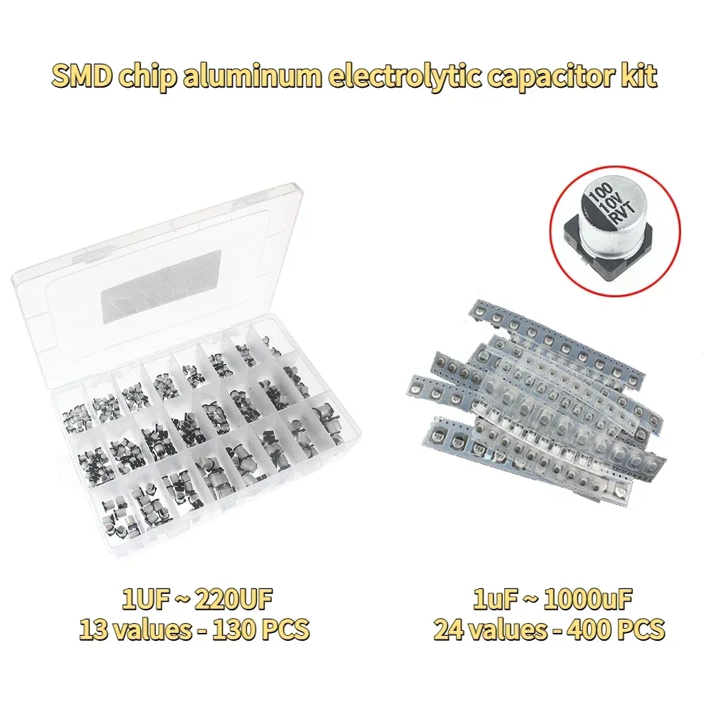 

130/400PCS 13 Values 1UF-220UF SMD Aluminum Electrolytic Capacitor Kit 10V 16V 25V 50V 24 Values 1uF-1000uF Capacitors Assorted
