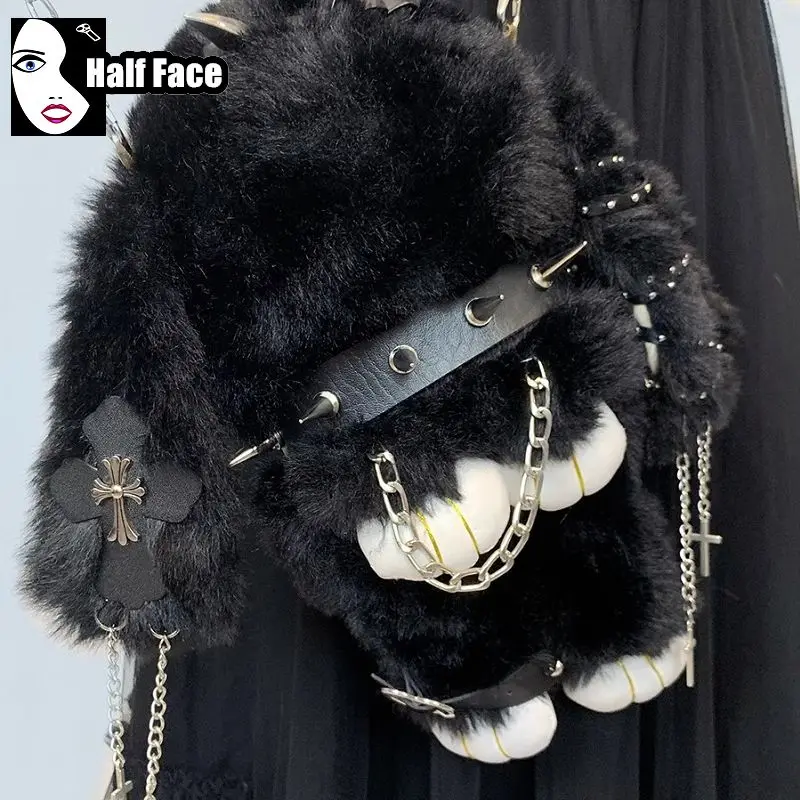 Y2K Girls Harajuku Gothic Women\'s Punk One Shoulder Lolita Original LeatherBuckle Dark Furry Chain Plush Crossbody Bags Tote