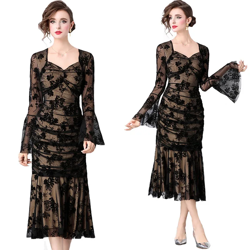 Women Long Flare Sleeve Cup Padded V Neck One Piece Mesh Folds Dress Elegant Embroidery Black Mermaid Evening Party Prom Robe