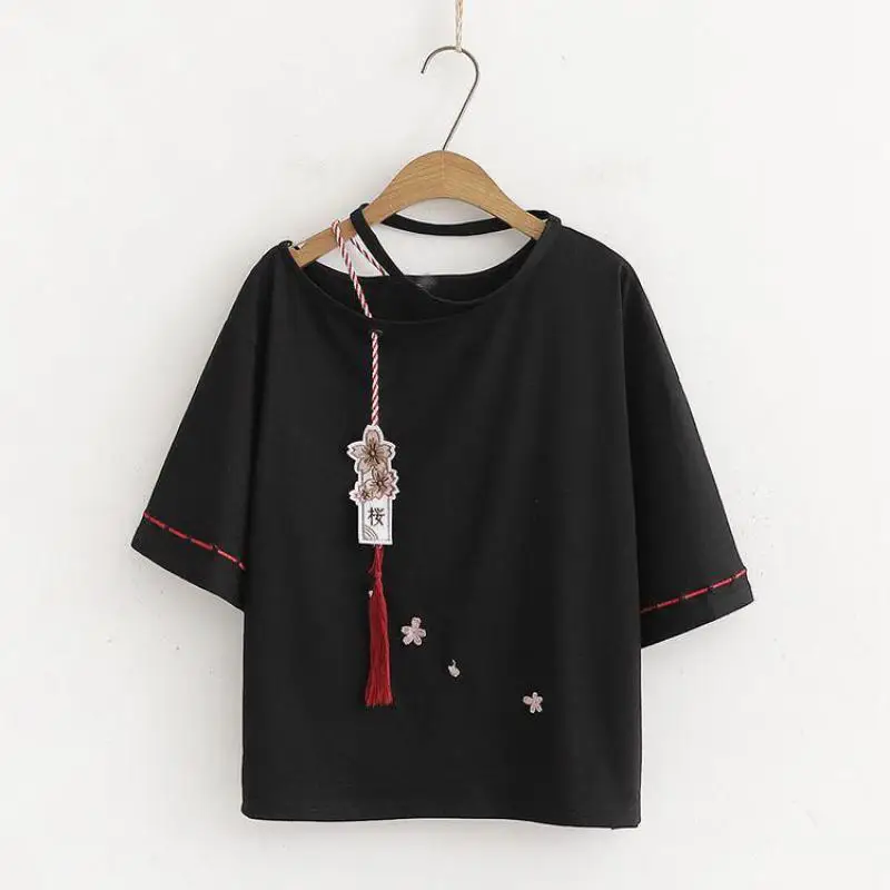 Japanese Summer New Short Sleeved Latin Tops Women's Loose Flare Sleeve Embroidered Off The Shoulder Student Ancient Style Tops