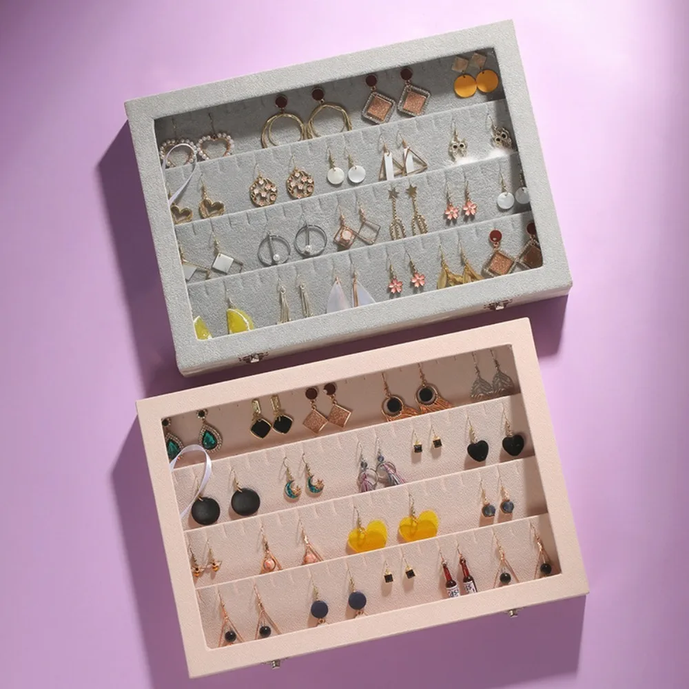 صندوق تخزين القرط المخملي المضاد للأكسدة ، غطاء شفاف ، شكل مربع ، لون خالص ، صندوق مجوهرات مخملي عالي السعة