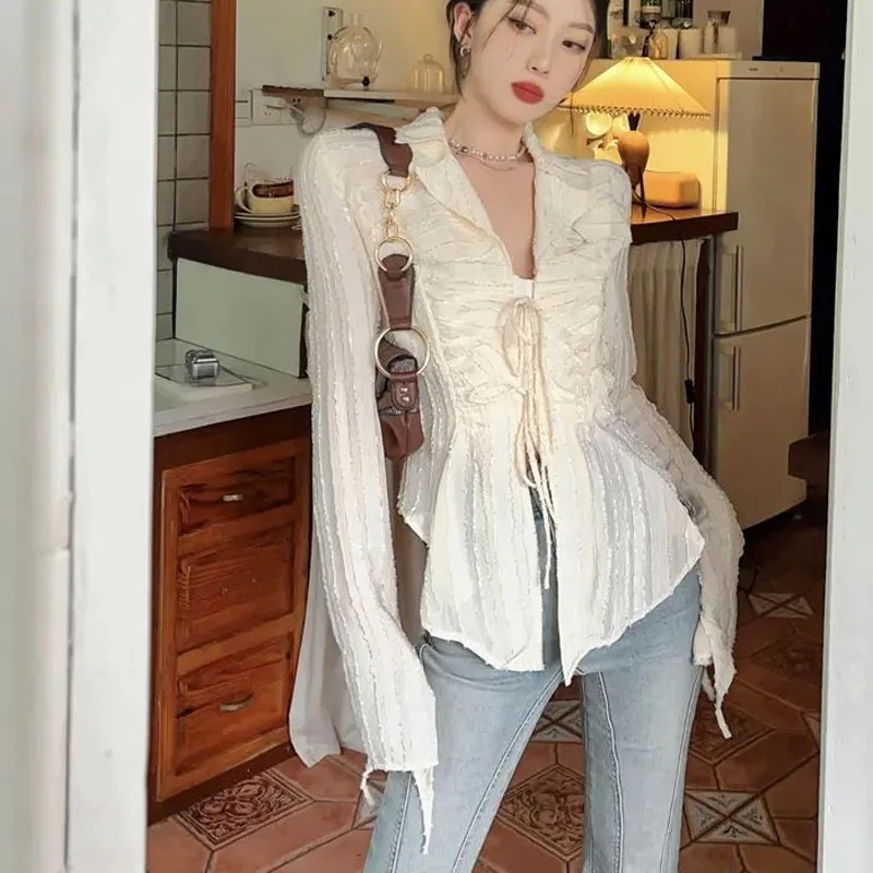 Apricot Color Chiffon Sunscreen Shirt Women Spring Slim Long Sleeved V-neck Asymmetrical Niche Lacing Comfortable All-match Tops