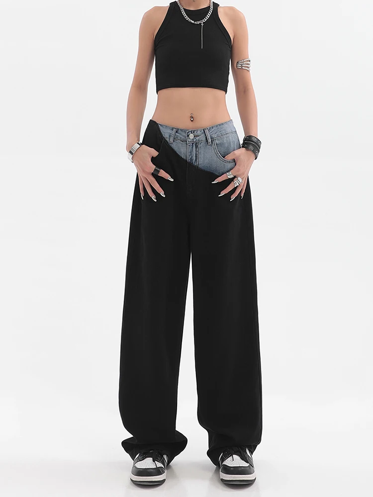ReddaChic Color Block Wide Leg Denim Pants Women Creative Patchwork Casual High Waist Hiphop Baggy Jeans Vintage Y2k Streetwear