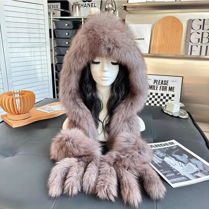 Real Fox Fur Hat Scarf  Hat Full Fur Double-Sided Woven Real Fur Integrated Cold-Proof Fur Women's Hat Warm Thickened Fur Cap