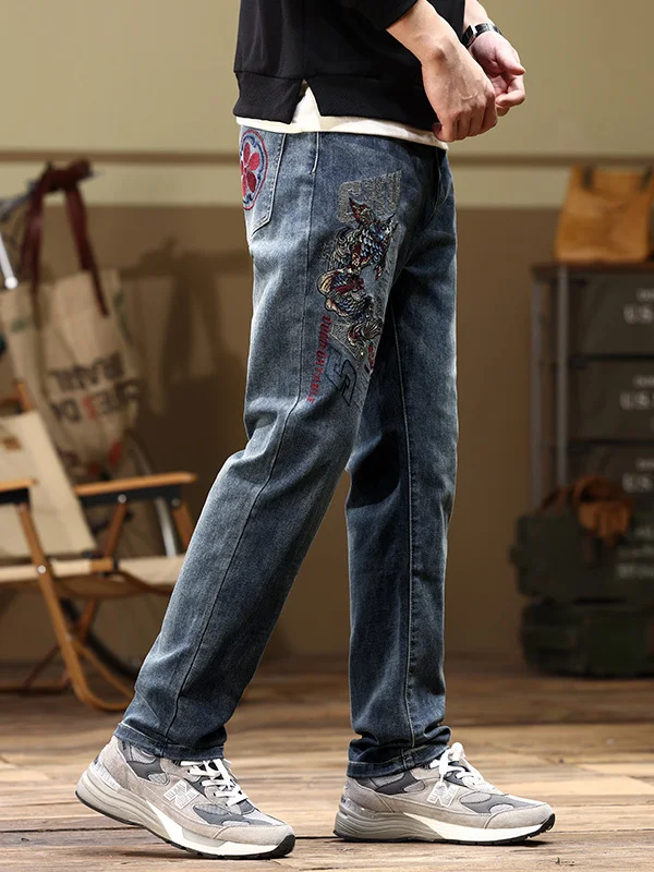 

High-End Embroidered Slim Fit Straight Leg Men's Jeans Retro Large Size mid Waist hine Embroidery Denim Pants for Youth
