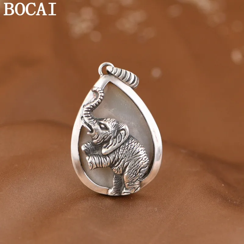

BOCAI NEW S925 Pure Silver Retro Minimalist Shell Elephant Pendant