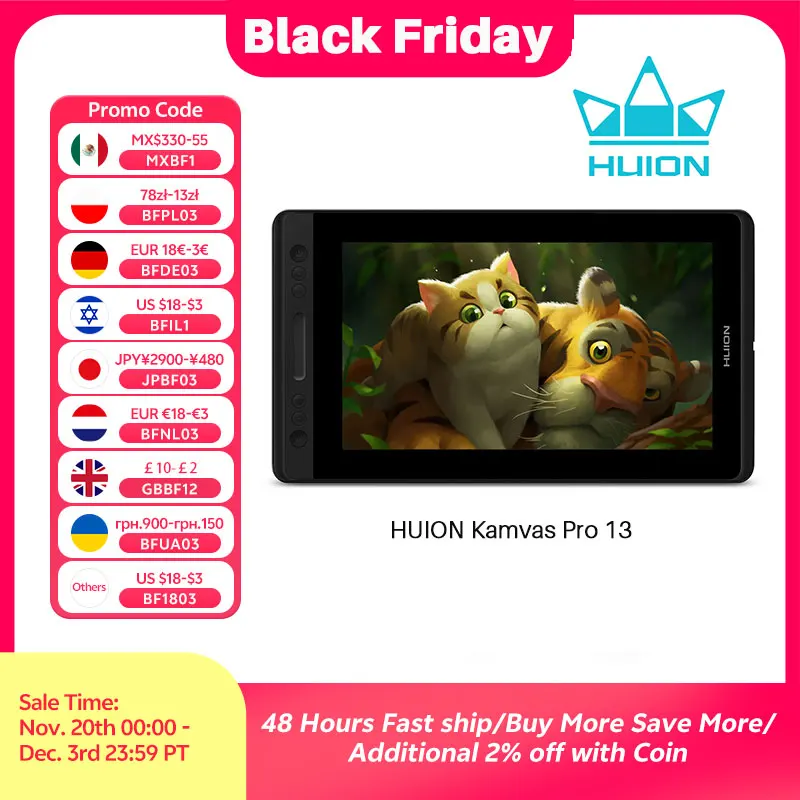 HUION-Tablette graphique KAMVAS Pro 13 GT-133, cran numrique sans batterie 8192 niveaux, stylet pour dessin, fonction d'inclinaison