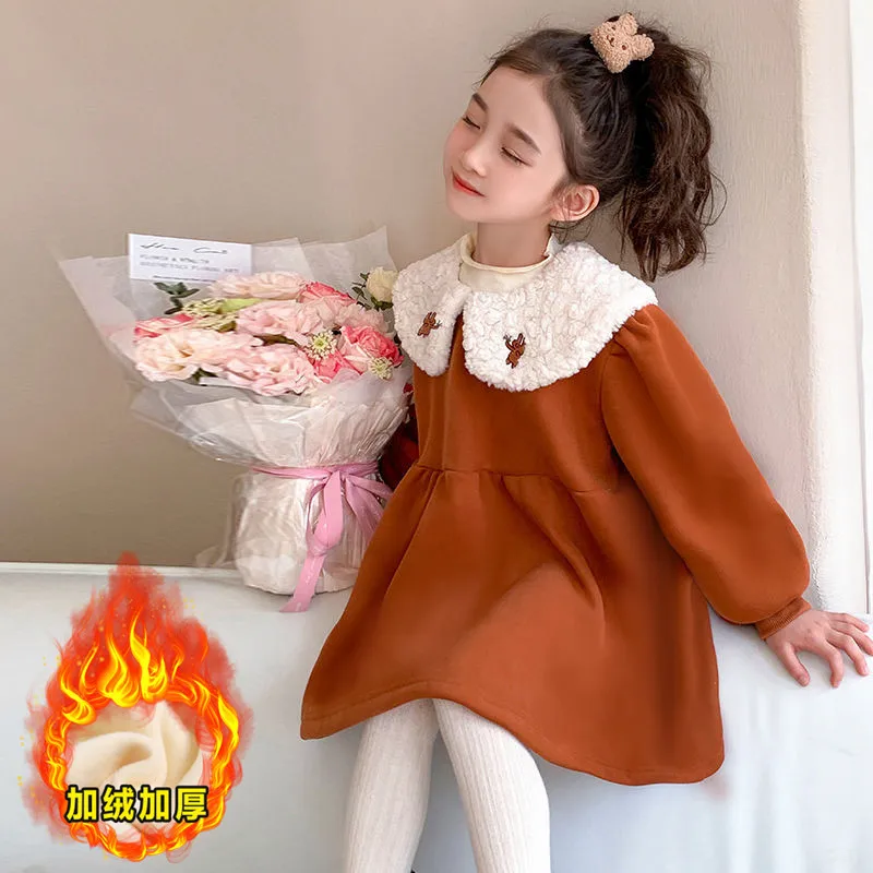 

Girls Velvet Padded Dress Autumn and Winter2024New Children's Thickening Princess Dress Fashion Baby Winter Hoodie Skirt