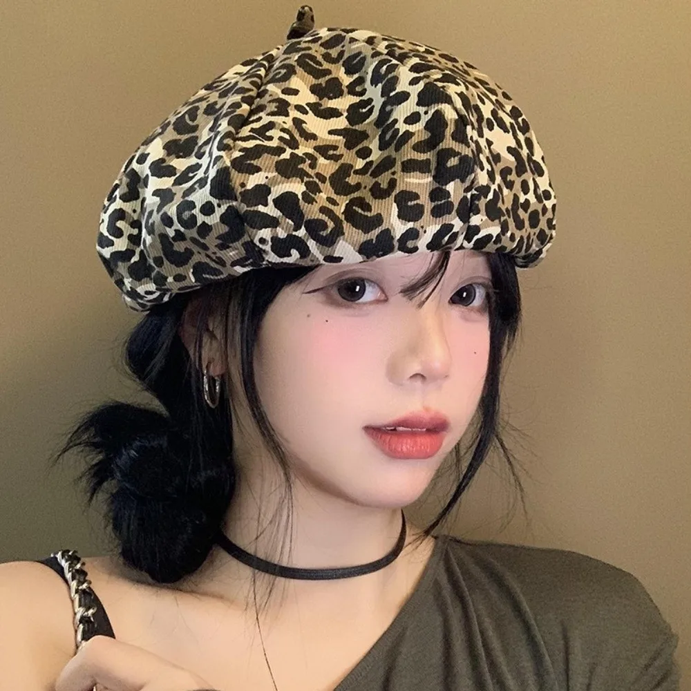 

Elegant Cloud Leopard Print Beret Classic Y2K Octagonal Cap Versatile Korean Style Painter Hat Women