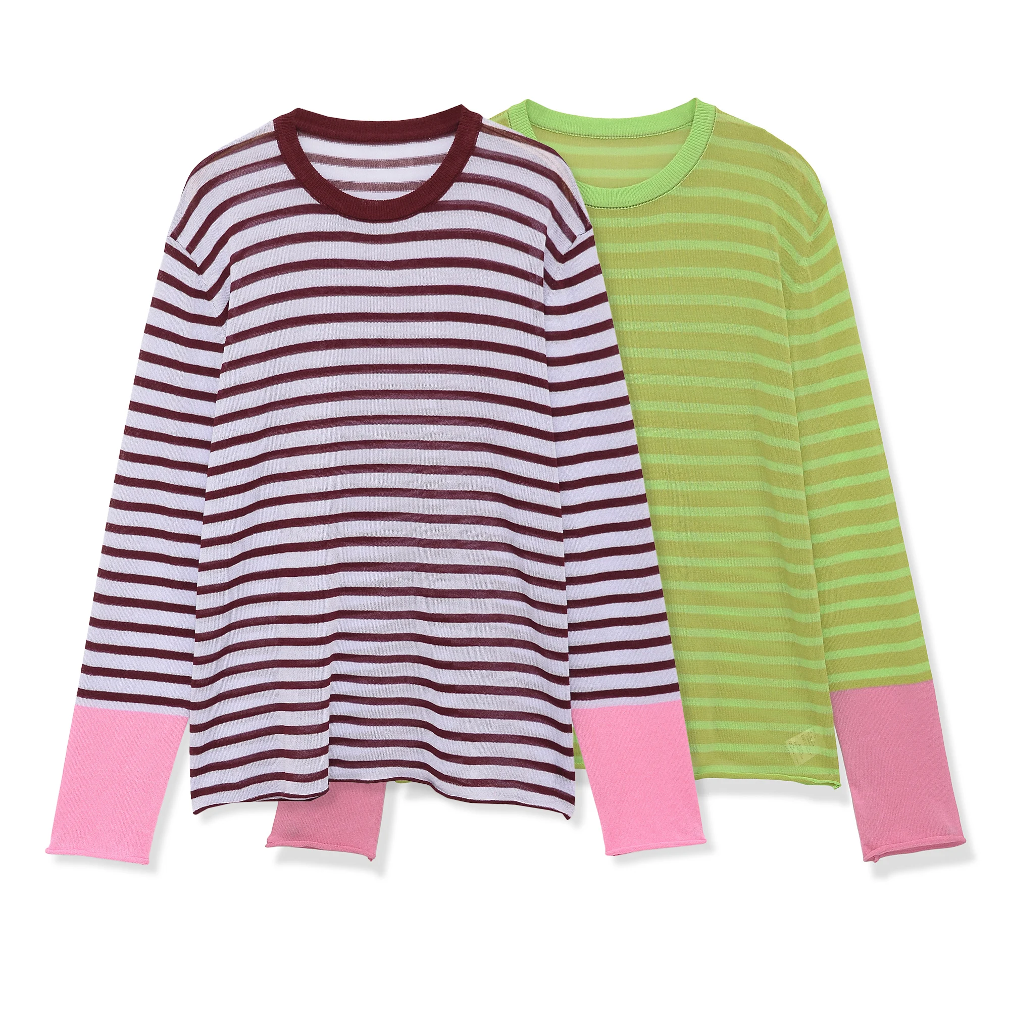 

Casual Translucent Stripe Knitted Women Loose Top 2026 Spring Long Sleeve O-Collar Female Pullovers Y2K