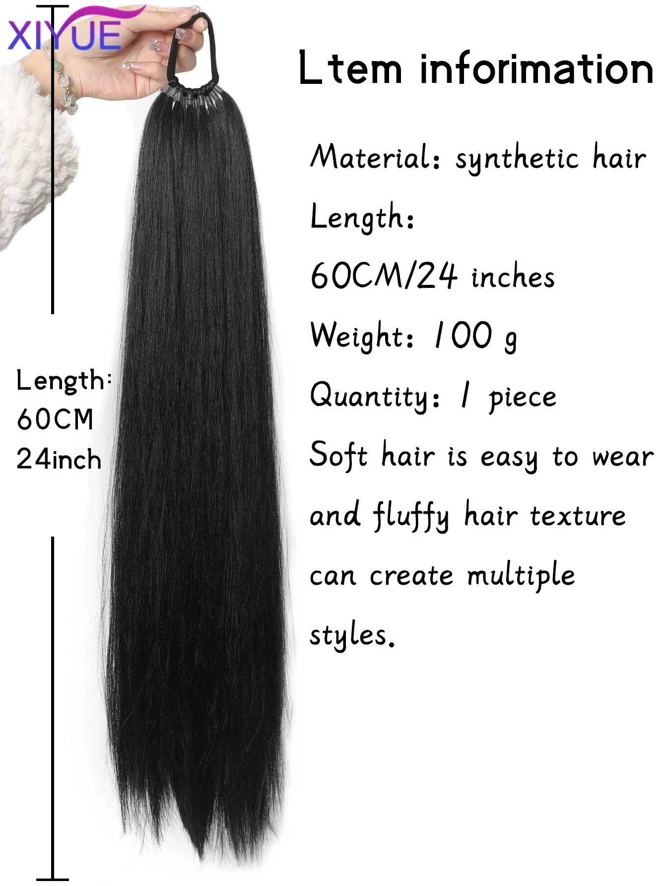 XIYUE Synthetic 24 Inch Long Ponytail Extensions With Elastic Band Versatile DIY Braided Ponytail For Women Girls Black Brown
