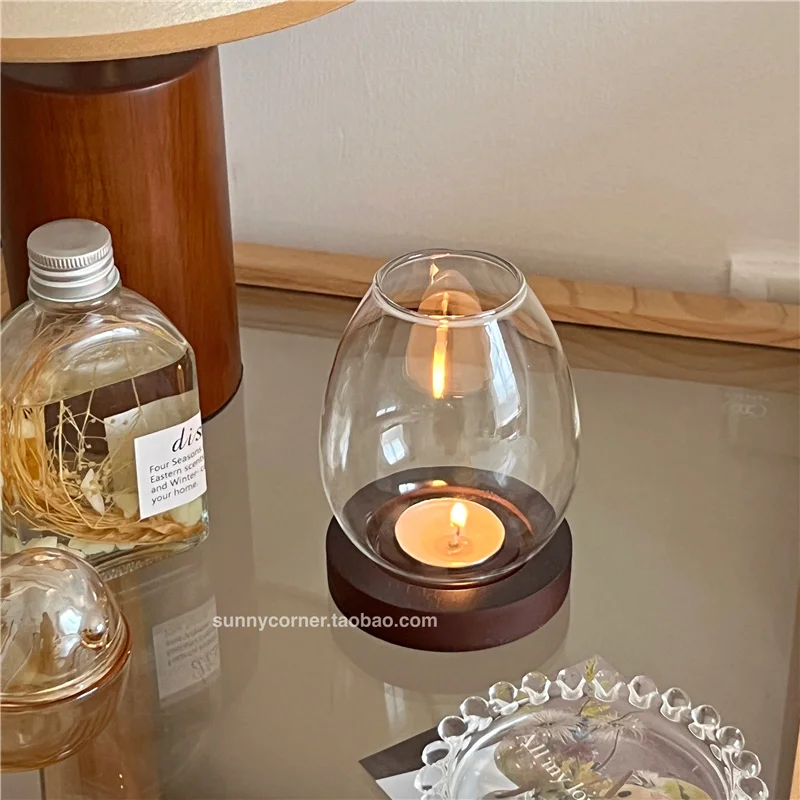 

Retro Zen Wooden Candlestick Windbreak Glass Aromatherapy Candle Burner Vintage Room Desktop Decoration Candles Accessories